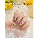 Summer Garden 3D‑Floral Press‑On Nails, Short Square Handmade False Nails with Pink Flower & Sunflower, Yellow‑Black French Tips & Rhinestones
